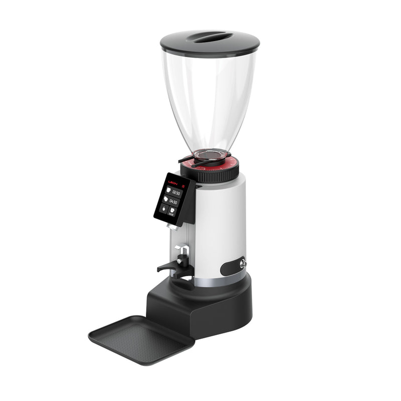 Leon 800 commercial coffee grinder with digital display and bean hopper in white.