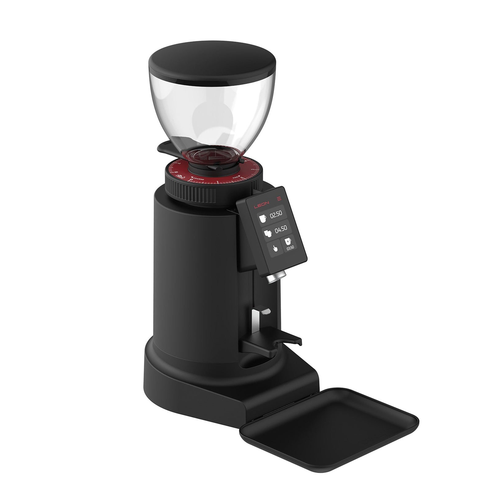 Leon 600 commercial coffee grinder with digital display and bean hopper