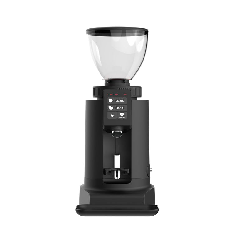 Leon 600 commercial coffee grinder with digital display and clear bean hopper