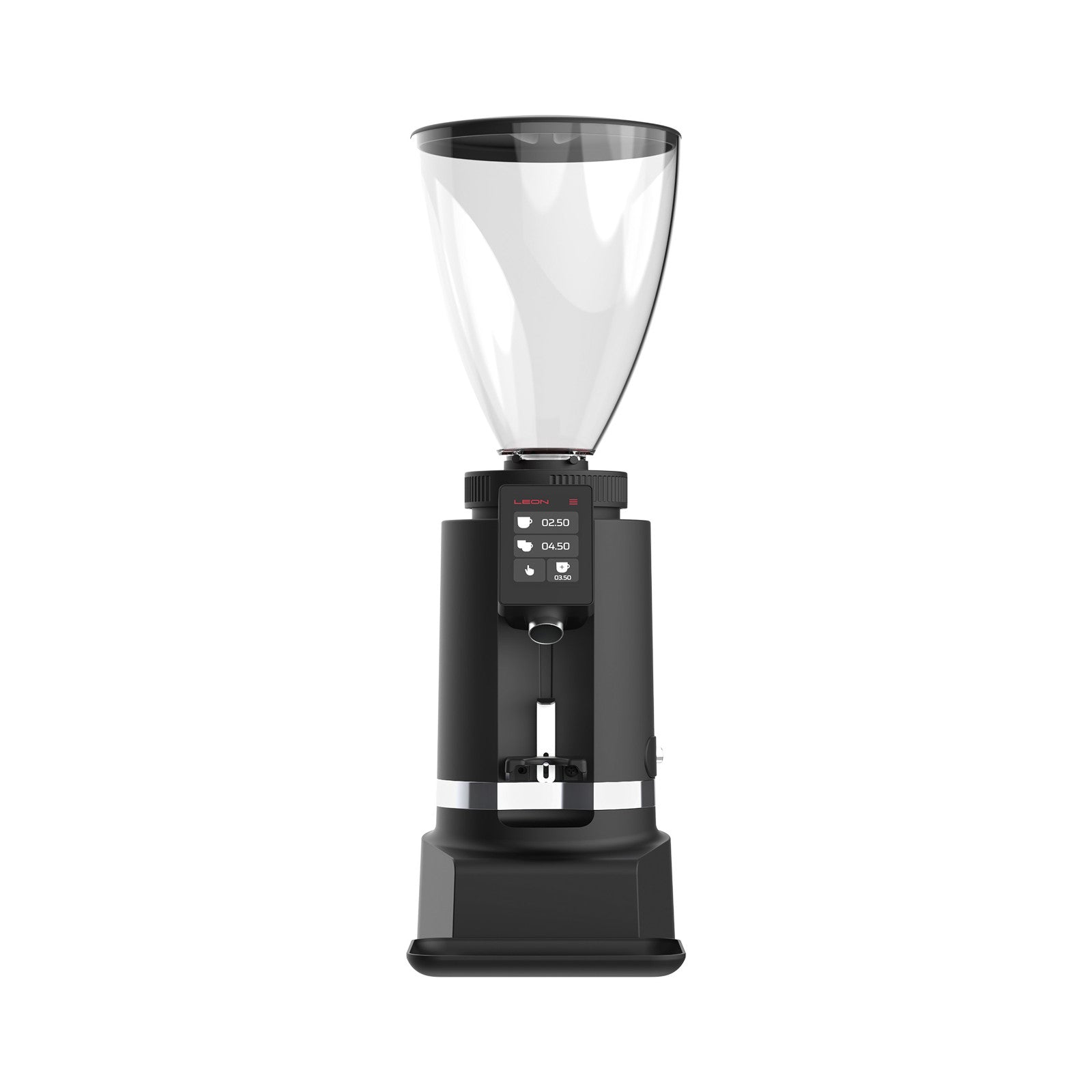 Leon 800 commercial coffee grinder with clear bean hopper and digital display