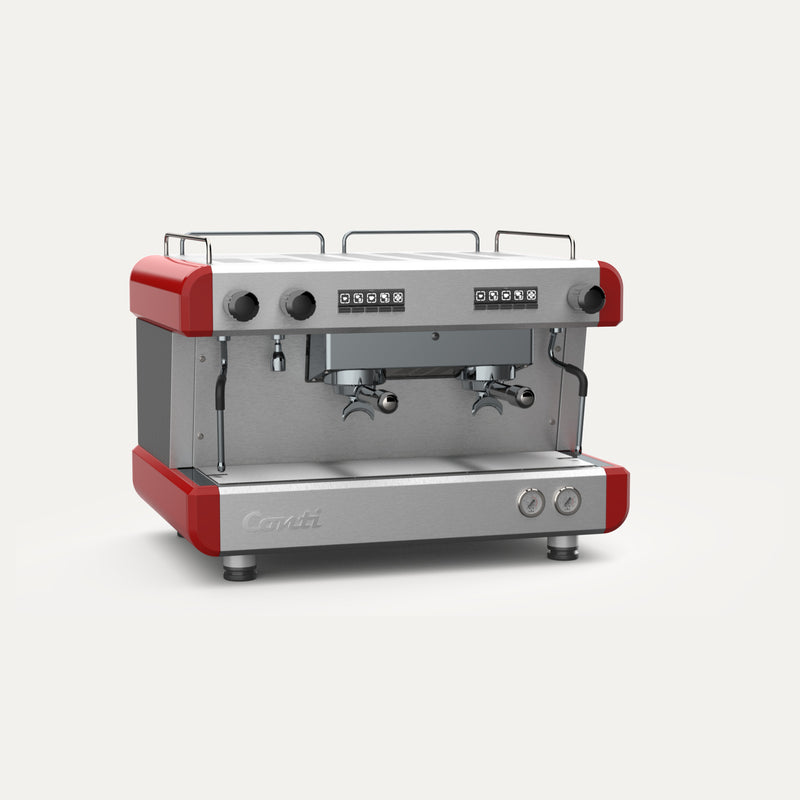 Conti CC100 commercial espresso machine in red and stainless steel