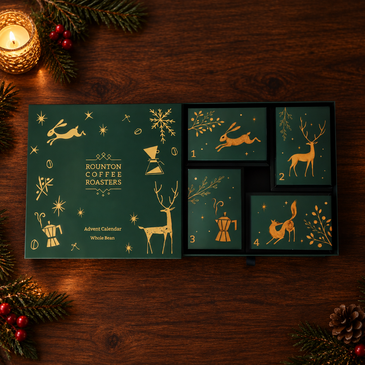 Coffee Advent Calendar with festive whole bean coffee compartments
