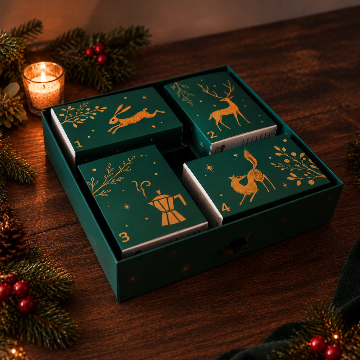 Coffee Advent Calendar with festive numbered boxes
