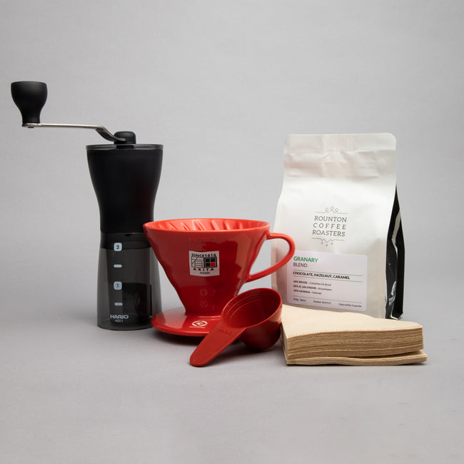 Hario Ceramic Starter Gift Set: Hario Mini Mill Plus V60 Ceramic Starter Kit Size 02 (Red) and a 250g Bag of Specialty Coffee Beans