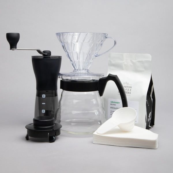 Craft Coffee Starter Gift Set: Hario Mini Mill Plus, V60 Craft Coffee Maker Kit and a 250g Bag of Specialty Coffee Beans