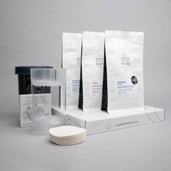Tricolate Gift Set: Tricolate Clear Coffee Brewer with Tricolate 100 Paper Filters and 3 x 100g Award Winning Coffees