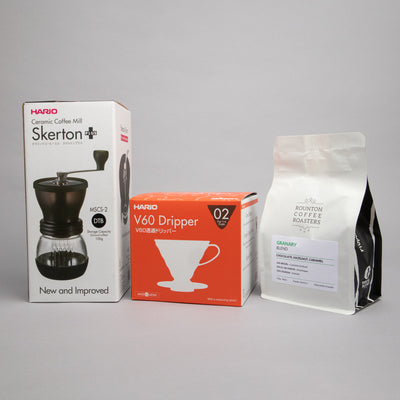 Hario Red V60 Gift Set: Hario V60 Size 02 (Red) with Skerton Plus Grinder and a 250g Bag of Specialty Coffee Beans