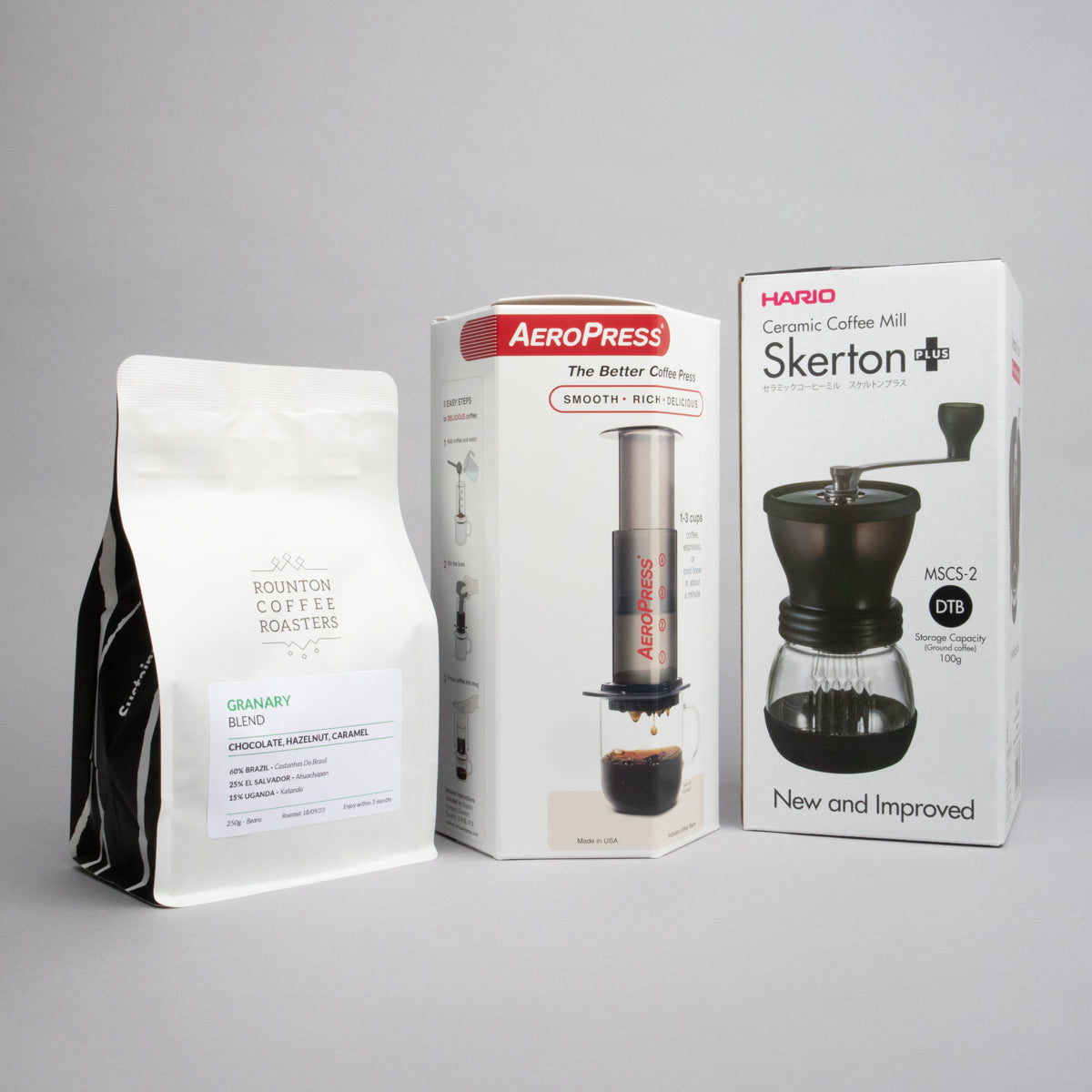 Aeropress Brewing Gift Set: Aeropress Original, Skerton Plus Grinder and 250g Bag of Specialty Coffee Beans