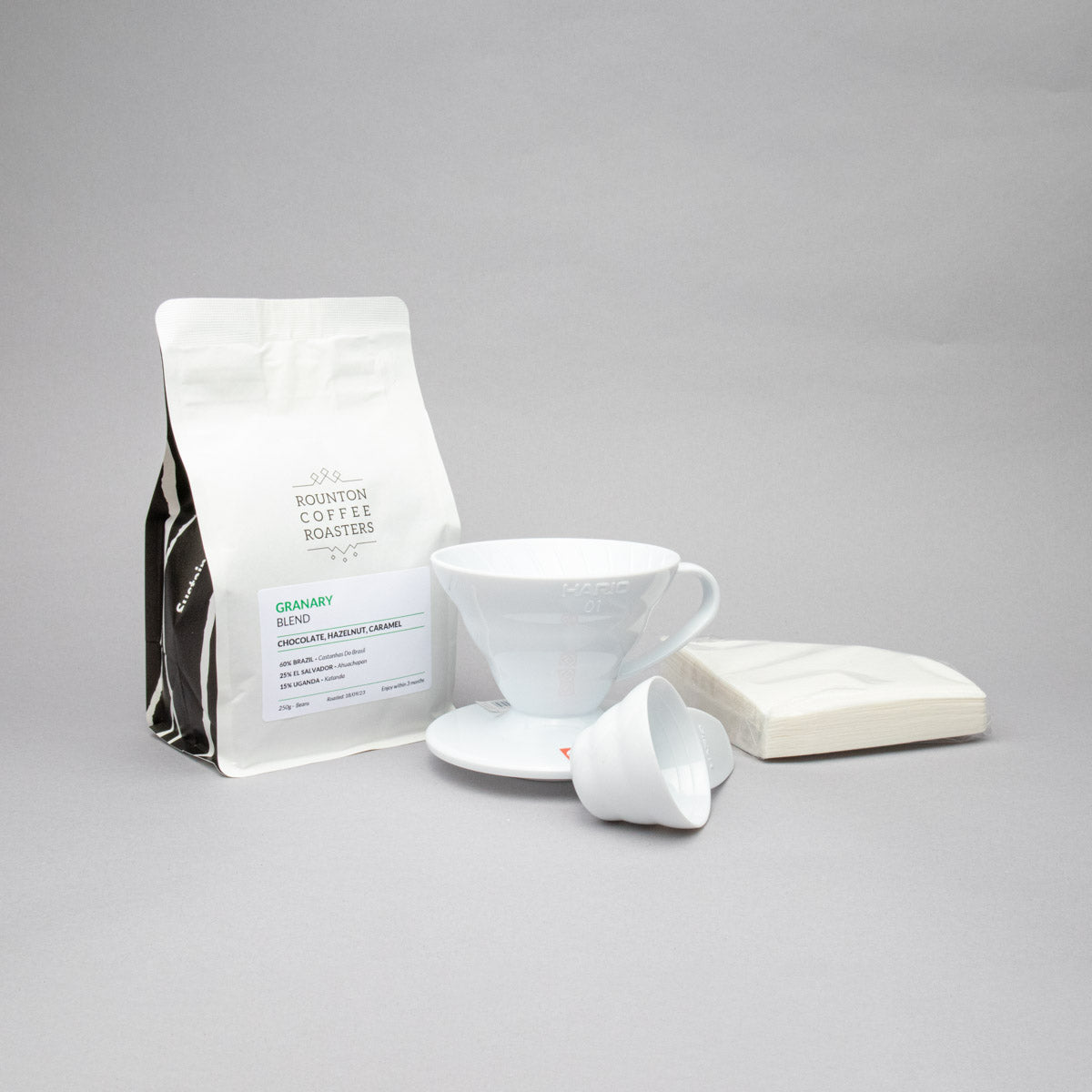 V60 Size 1 Gift Set: White V60 (Size 1), 40 pack of V60 Filters and a 250g Bag of Specialty Coffee Beans