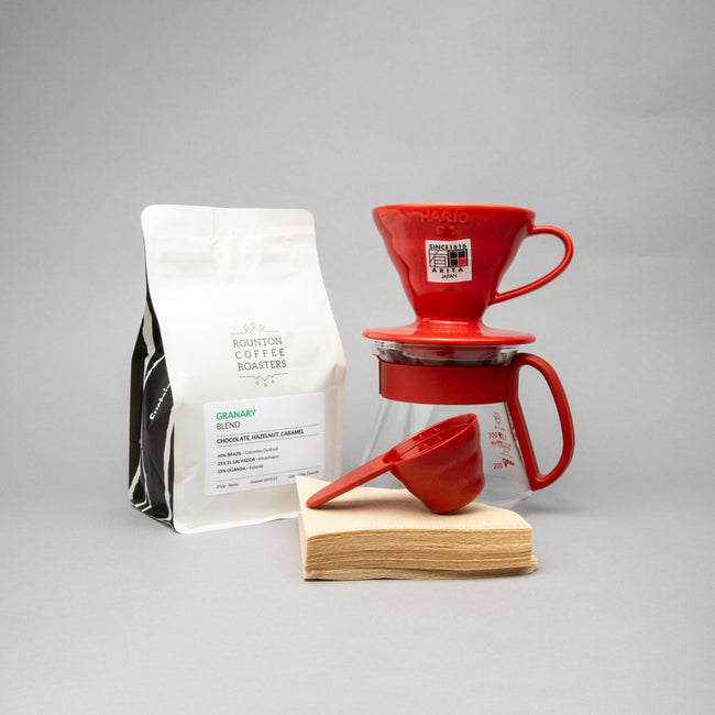 Hario Ceramic Dripper Gift Set: Hario V60 Ceramic Dripper Set - Size 01 and 250g Bag of Specialty Coffee Beans