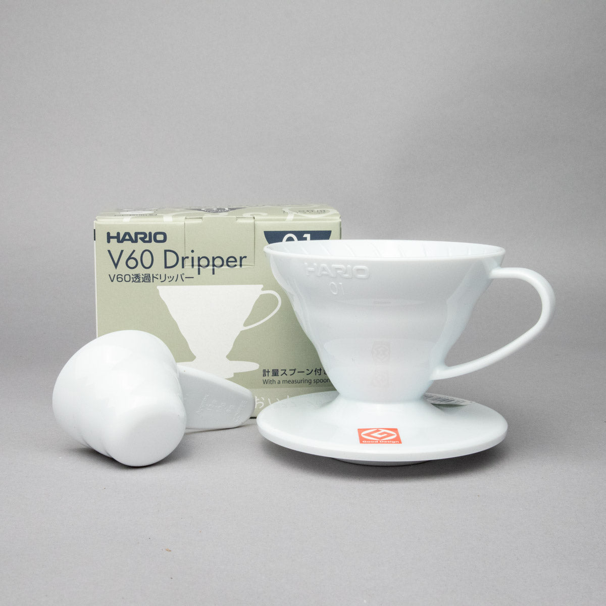 Hario V60 Size 01 White plastic coffee dripper with box and measuring spoon