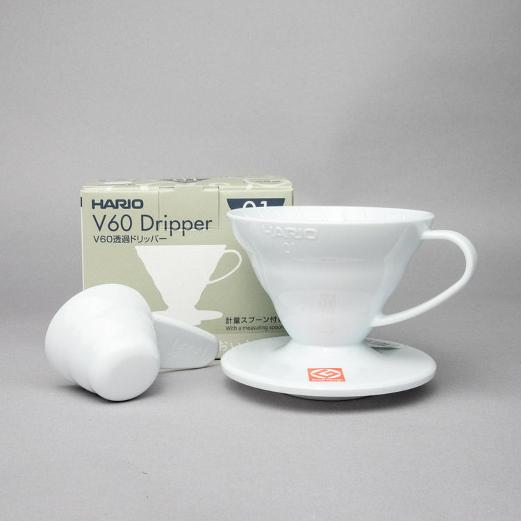 Hario V60 Size 01 White plastic coffee dripper with box and measuring spoon