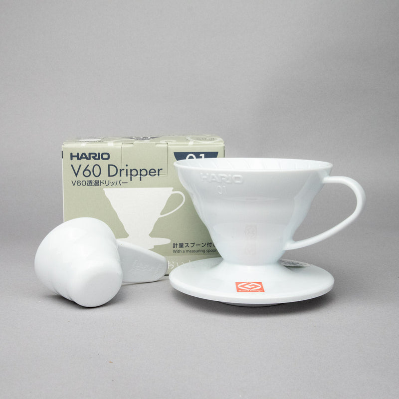 Hario V60 Size 01 White plastic coffee dripper with box and measuring spoon