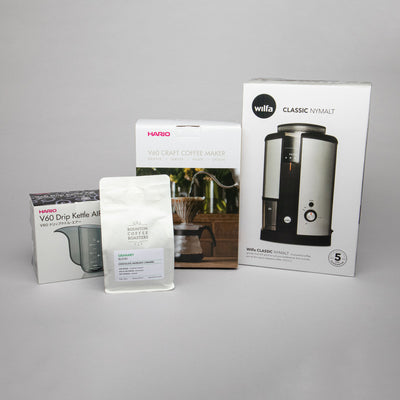 Hario & Wilfa Gift Set: Wilfa Svart Silver, Craft Coffee Maker Kit, V60 Drip Kettle Air and a 250g Bag of Specialty Coffee Beans