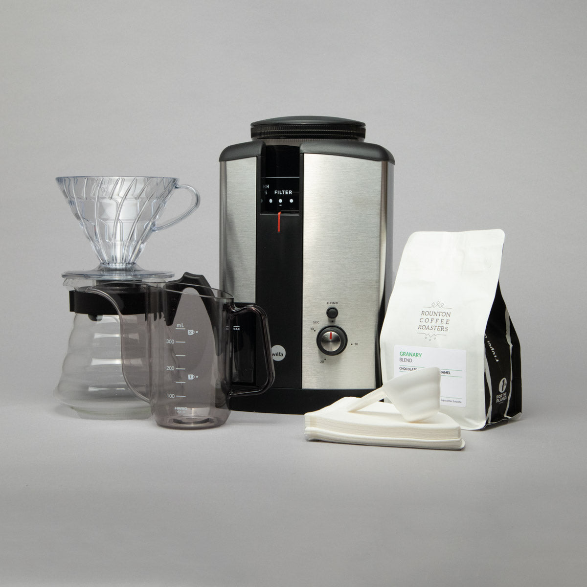 Hario & Wilfa Gift Set: Wilfa Svart Silver, Craft Coffee Maker Kit, V60 Drip Kettle Air and a 250g Bag of Specialty Coffee Beans