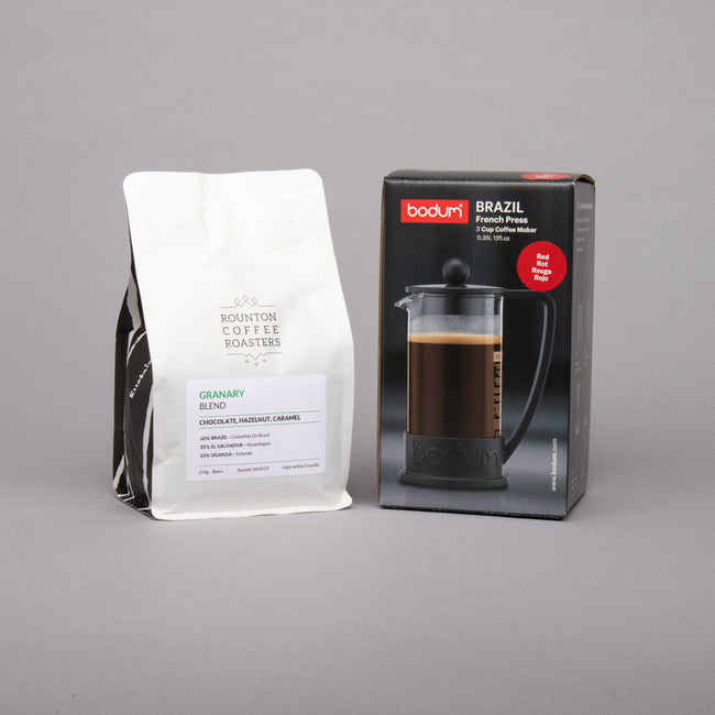 Cafetière Gift Set: Bodum Brazil 3 Cup Cafetiere Red and a 250g Bag of Specialty Coffee Beans