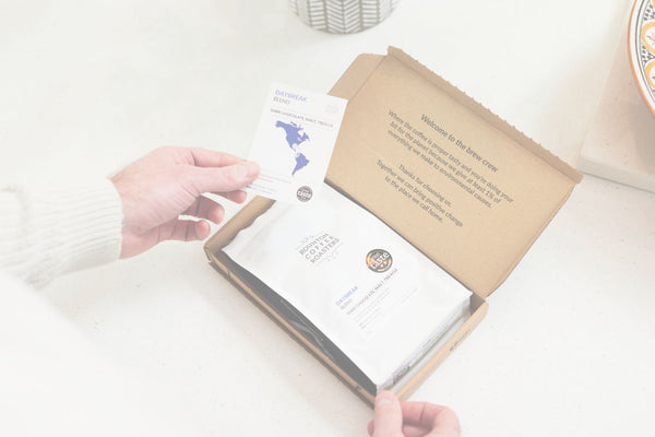 Hands opening a box containing a bag of speciality coffee with welcome text inside lid