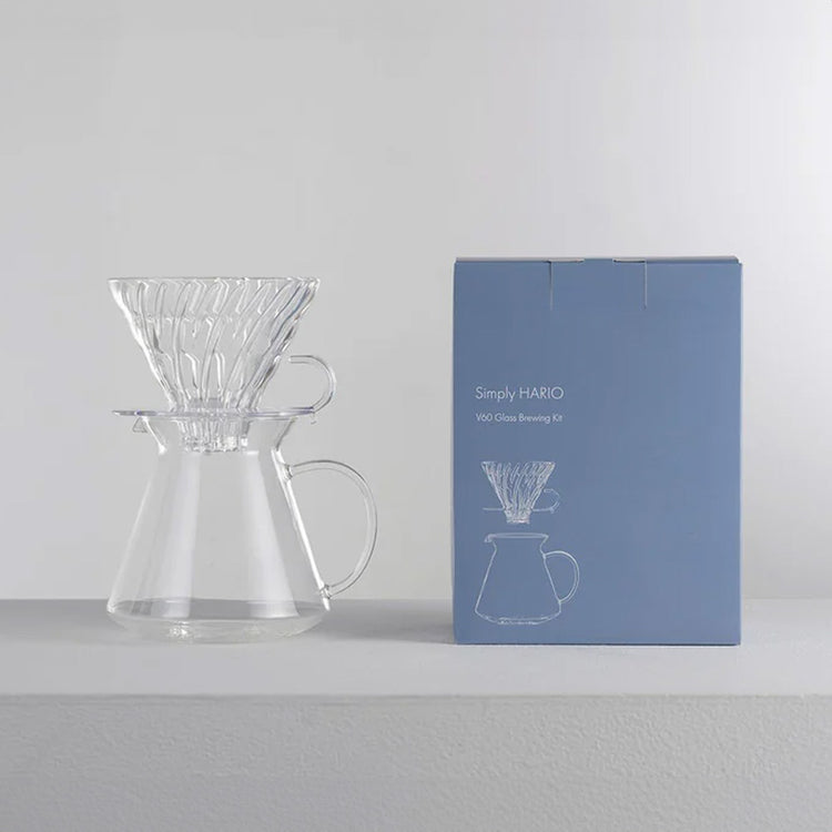 Simply Hario V60 Glass Brewing Kit with clear glass pour-over brewer and box