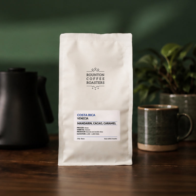 Venecia Costa Rican speciality coffee beans in a white coffee bag