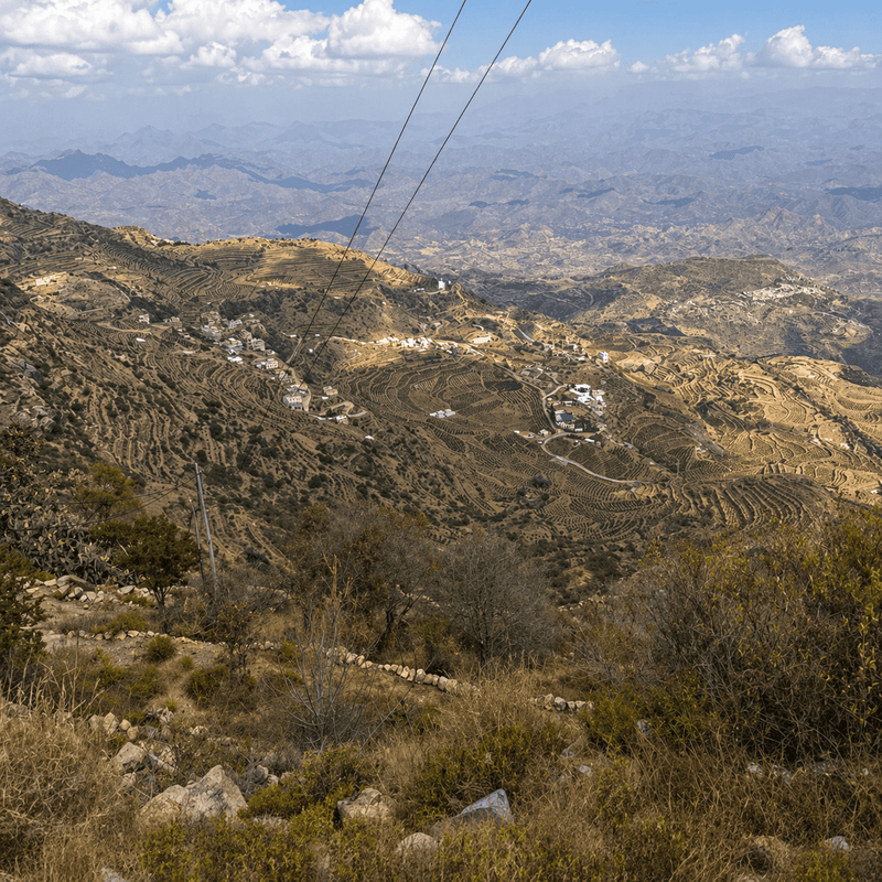 Scenic view of mountainous landscape with power lines and buildings.